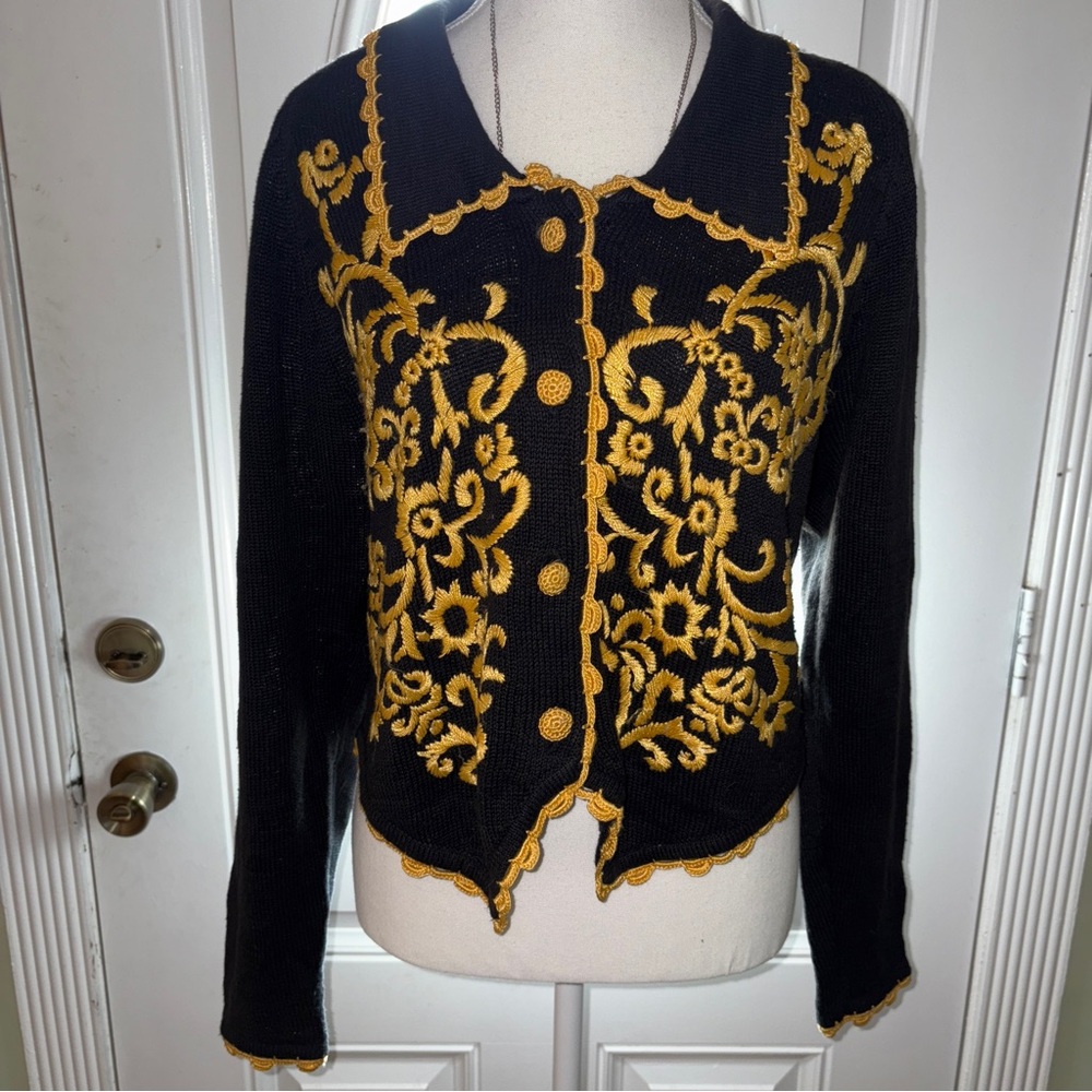 Vintage gold embroidered Chic Black and Gold Women's Cardigan
